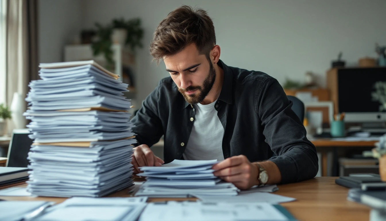 Business owner organizing payroll paperwork