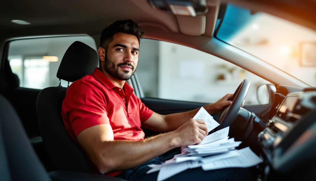 Rideshare driver sorting receipts in their car