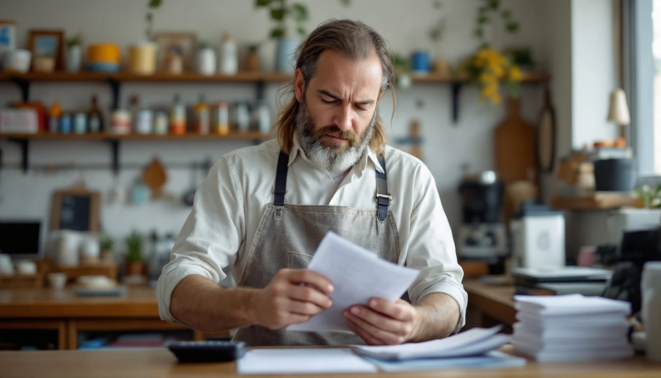 Small business owner reviewing receipts